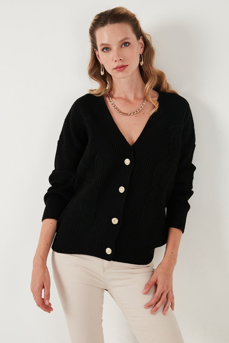 Standard Fit Patterned V Neck Knitted Cardigan Women's Cardigan 4616194