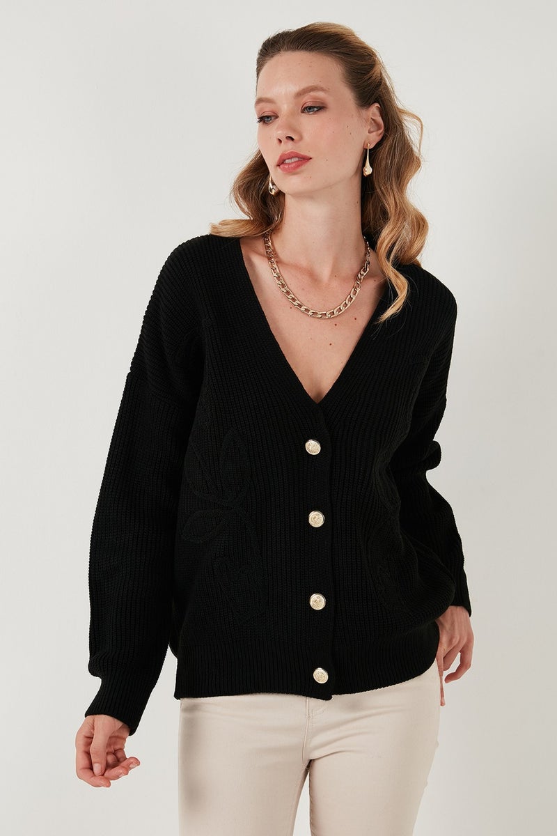 Standard Fit Patterned V Neck Knitted Cardigan Women's Cardigan 4616194