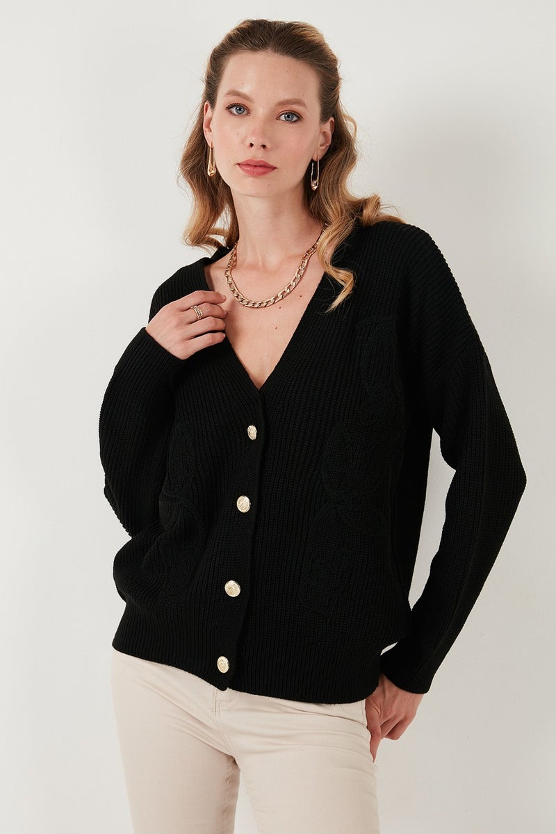 Standard Fit Patterned V Neck Knitted Cardigan Women's Cardigan 4616194
