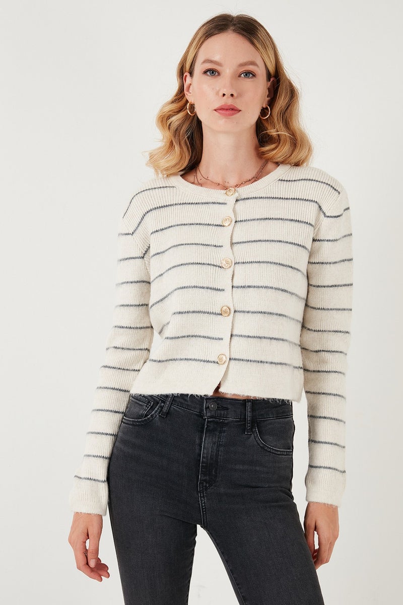 Standard Fit Striped Soft Texture Crop Knitwear Cardigan Women's Cardigan 4615551