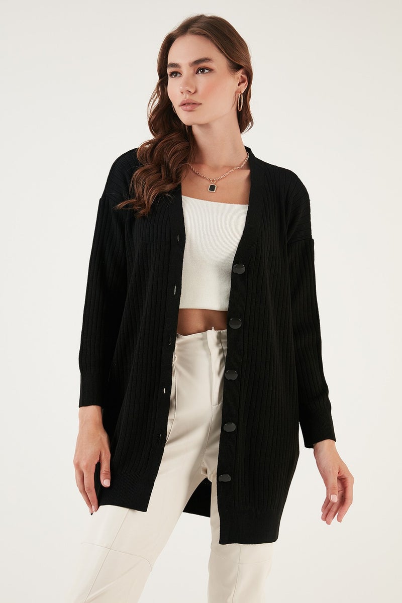 V Neck Buttoned Long Knitted Cardigan Women's Cardigan 4616040Y