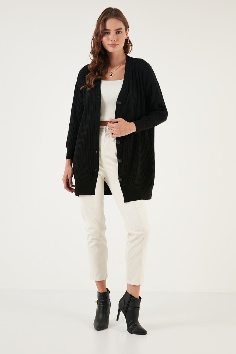 V Neck Buttoned Long Knitted Cardigan Women's Cardigan 4616040Y