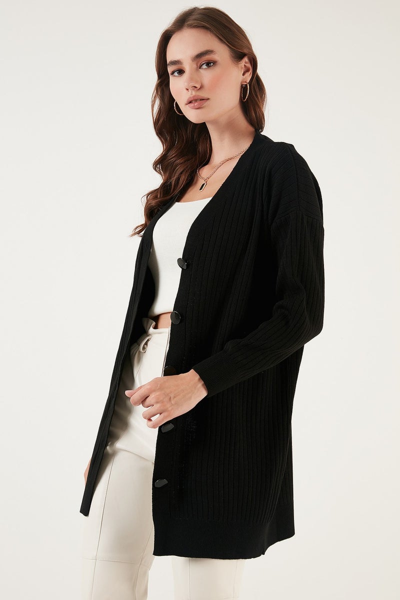 V Neck Buttoned Long Knitted Cardigan Women's Cardigan 4616040Y