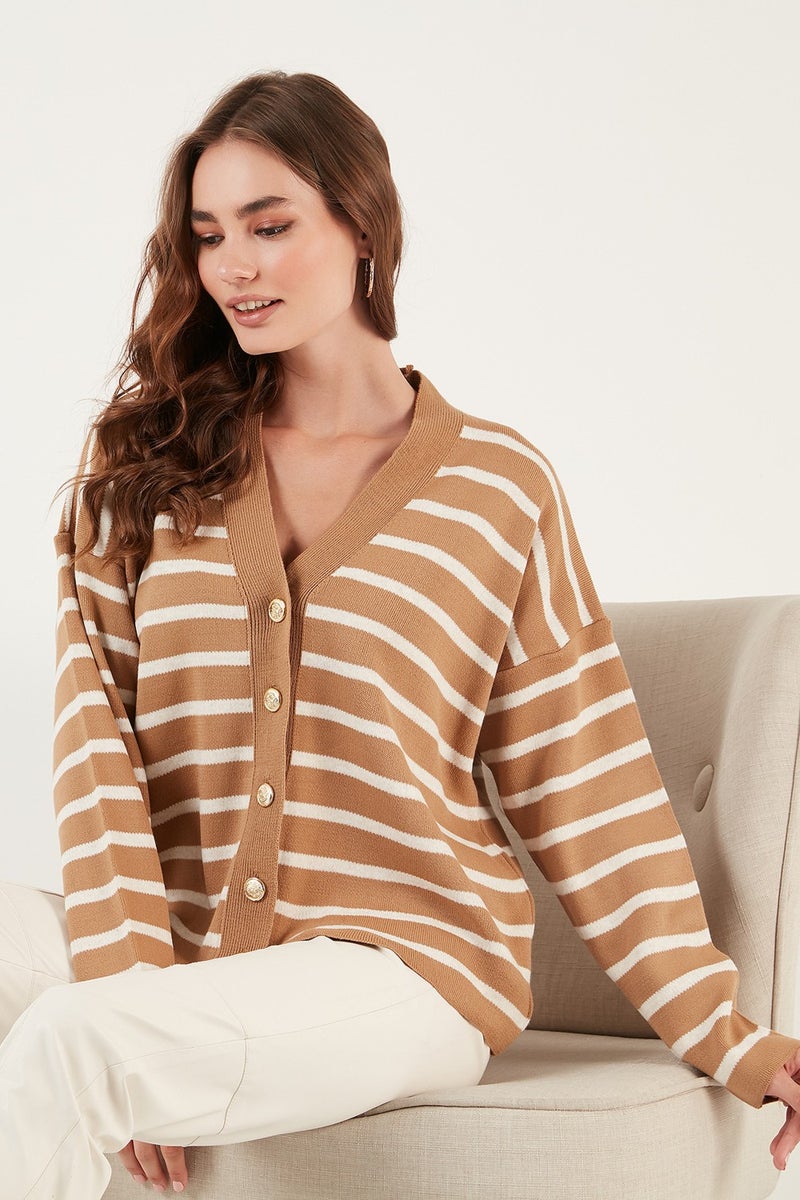 Striped V-Neck Buttoned Knitwear Cardigan Women's Cardigan 4615182