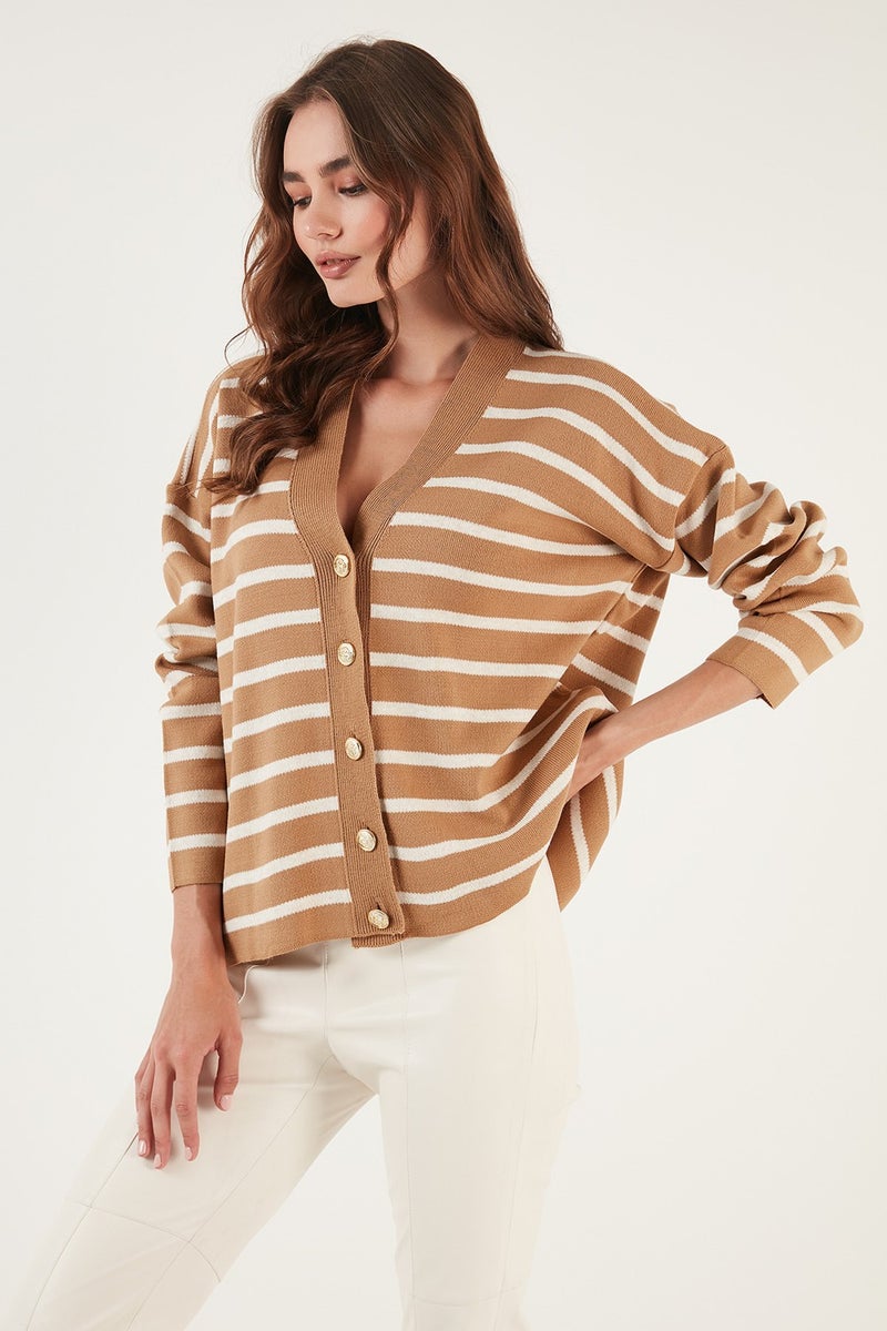 Striped V-Neck Buttoned Knitwear Cardigan Women's Cardigan 4615182