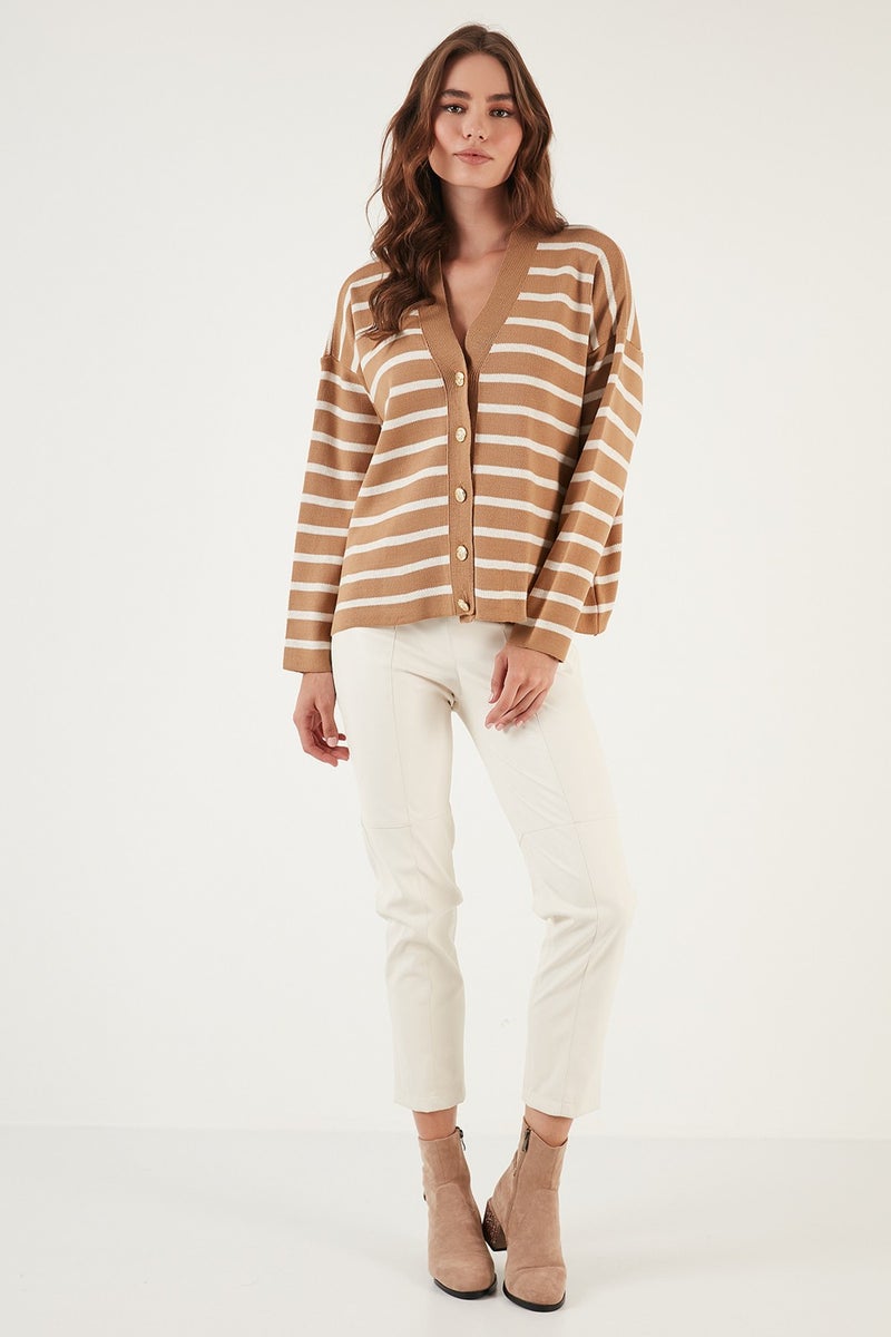 Striped V-Neck Buttoned Knitwear Cardigan Women's Cardigan 4615182