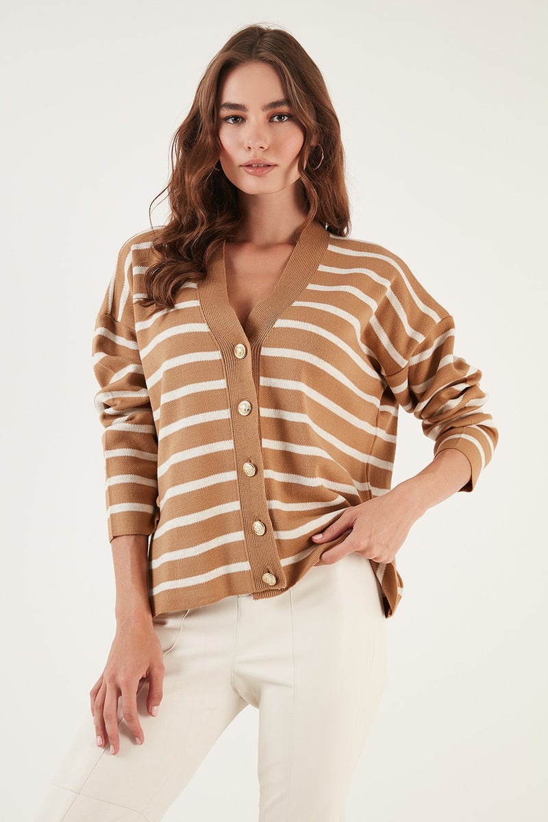 Striped V-Neck Buttoned Knitwear Cardigan Women's Cardigan 4615182