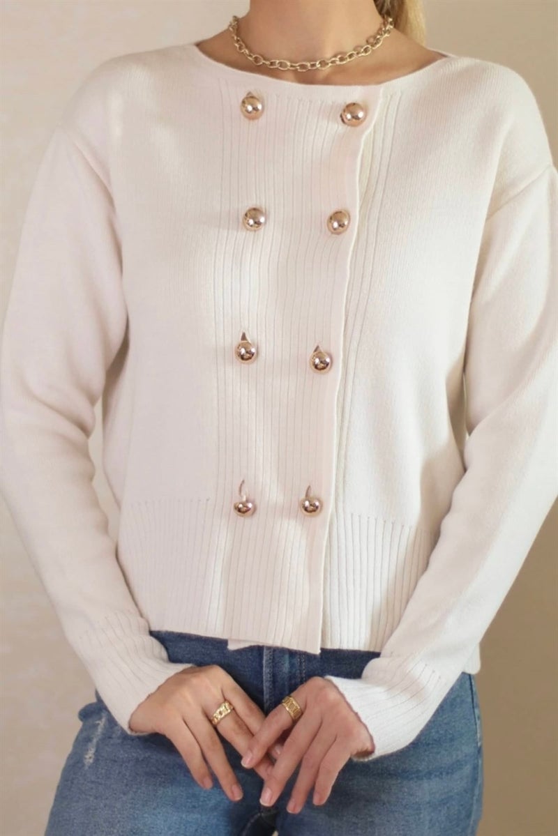 Women's Cream Metal Buttoned Navy Blue Knitwear Cardigan