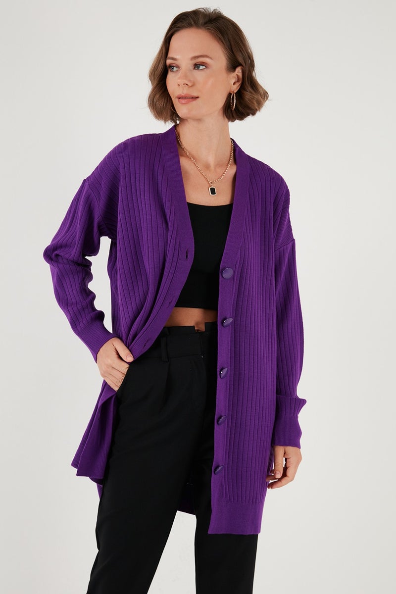 V Neck Buttoned Long Knitted Cardigan Women's Cardigan 4616040Y