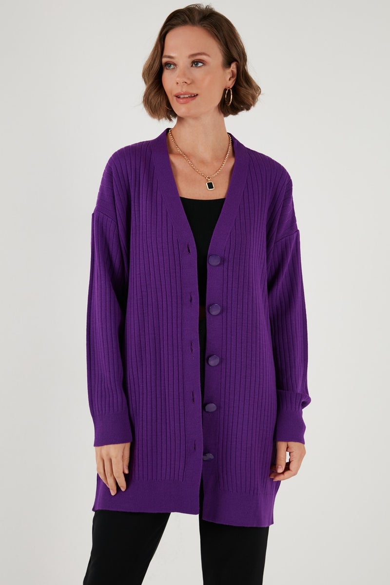 V Neck Buttoned Long Knitted Cardigan Women's Cardigan 4616040Y