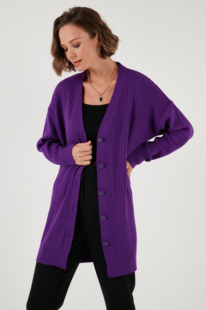 V Neck Buttoned Long Knitted Cardigan Women's Cardigan 4616040Y