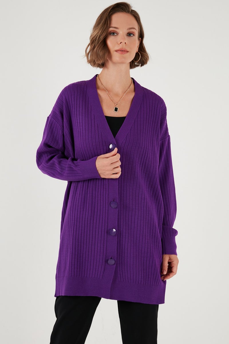 V Neck Buttoned Long Knitted Cardigan Women's Cardigan 4616040Y