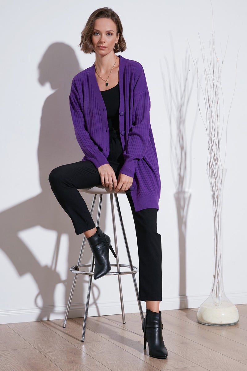 V Neck Buttoned Long Knitted Cardigan Women's Cardigan 4616040Y