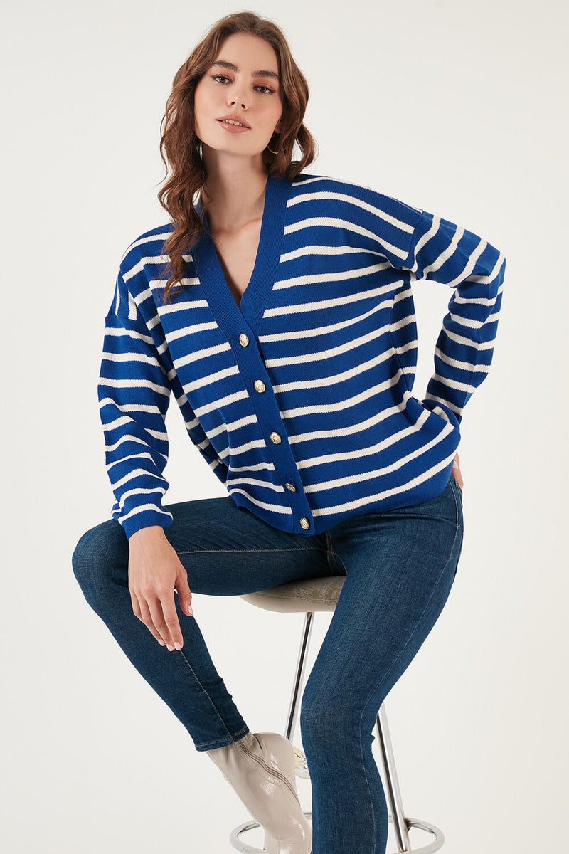 Striped V-Neck Buttoned Knitwear Cardigan Women's Cardigan 4615182