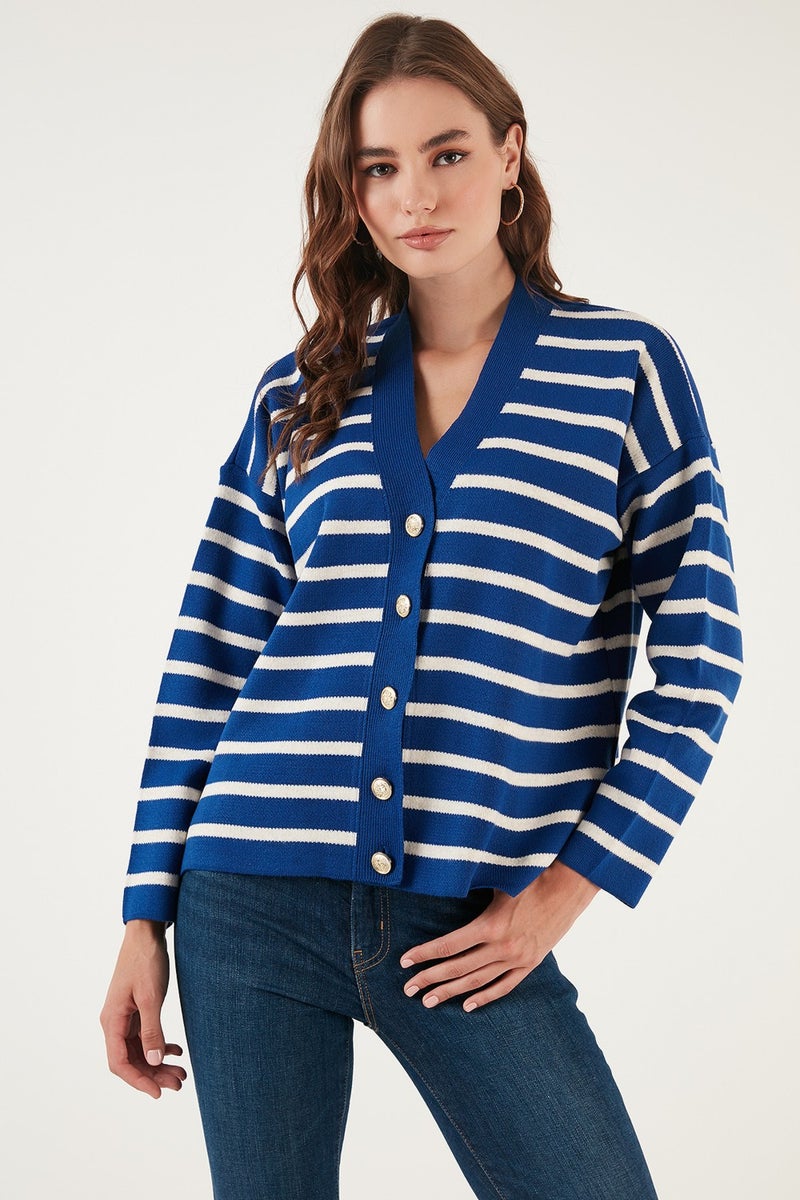 Striped V-Neck Buttoned Knitwear Cardigan Women's Cardigan 4615182