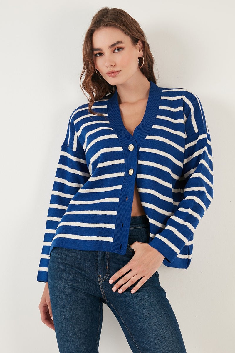 Striped V-Neck Buttoned Knitwear Cardigan Women's Cardigan 4615182