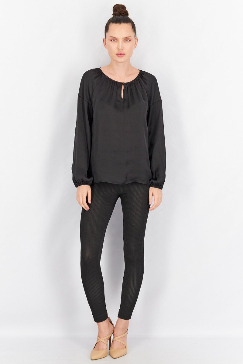 Women Keyhole Neck Long Sleeve Solid Top, Black