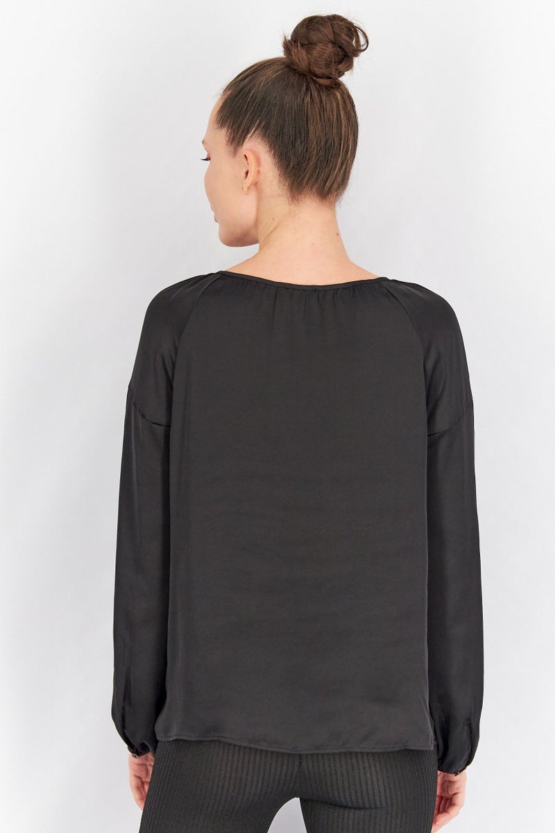 Women Keyhole Neck Long Sleeve Solid Top, Black