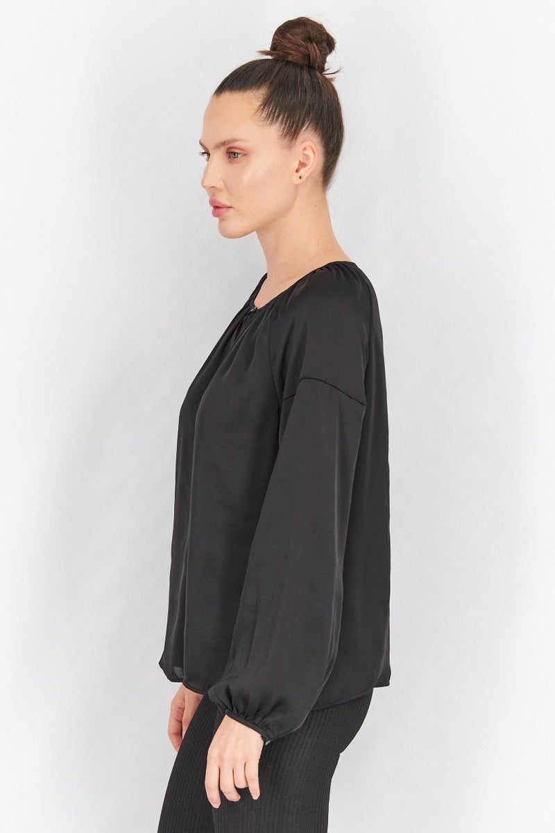 Women Keyhole Neck Long Sleeve Solid Top, Black