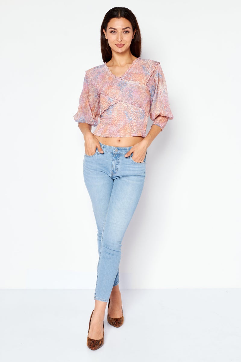 Women V-Neck 3/4 Sleeve Allover Printed Blouse, Pink Combo