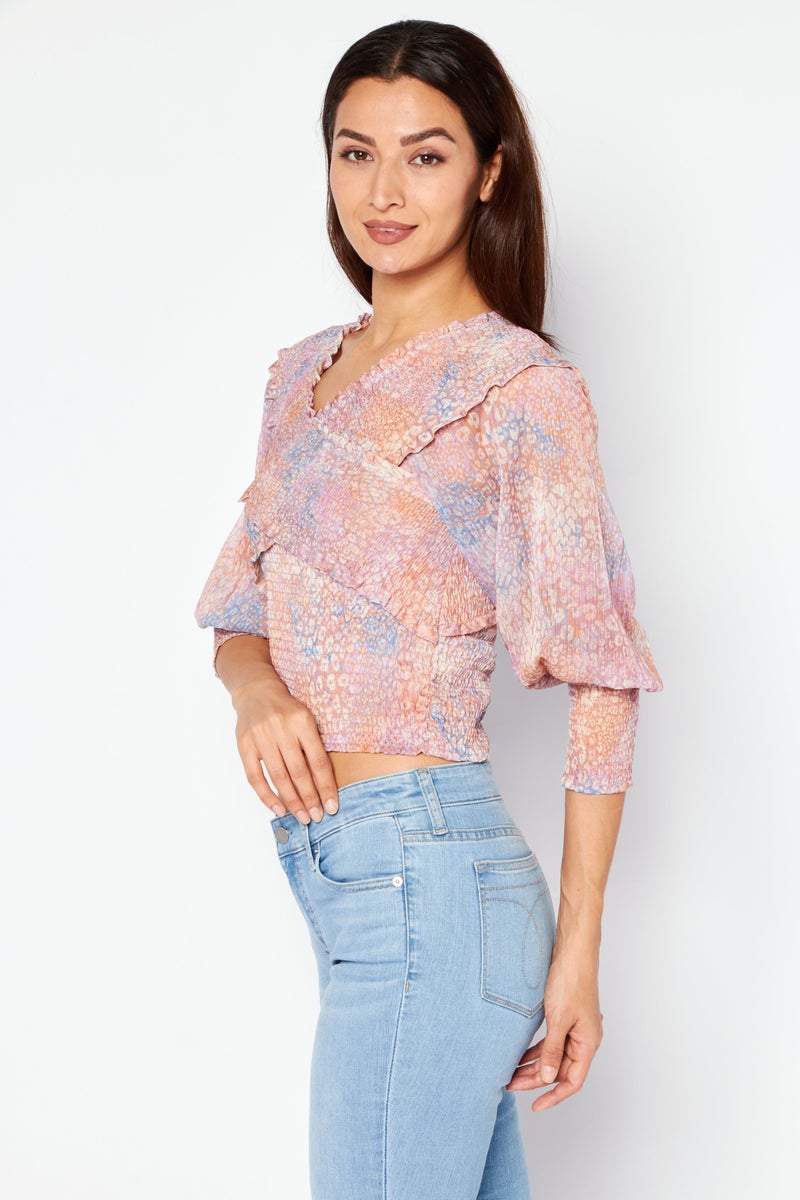 Women V-Neck 3/4 Sleeve Allover Printed Blouse, Pink Combo