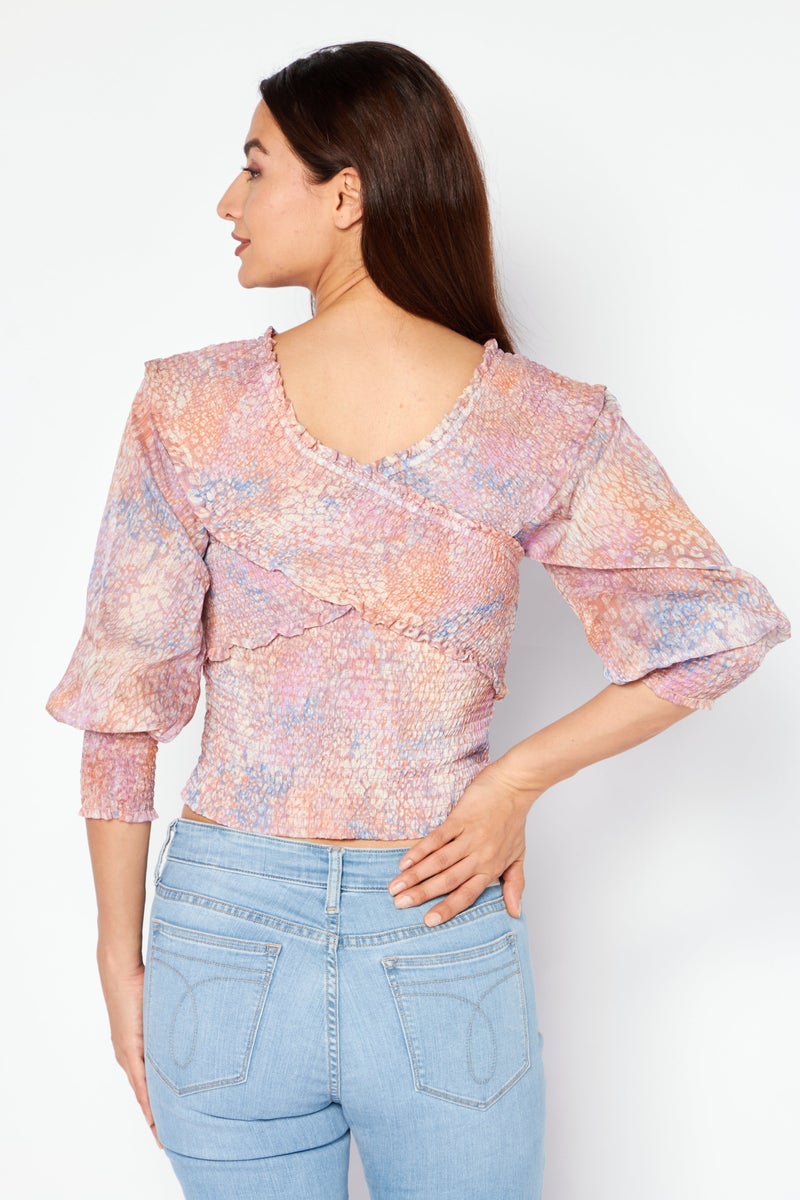 Women V-Neck 3/4 Sleeve Allover Printed Blouse, Pink Combo