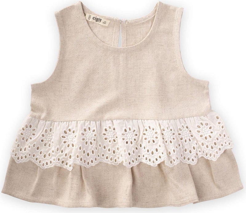 Cigit Waist Tambur Lace Linen Blouse 2-7 Years Natural