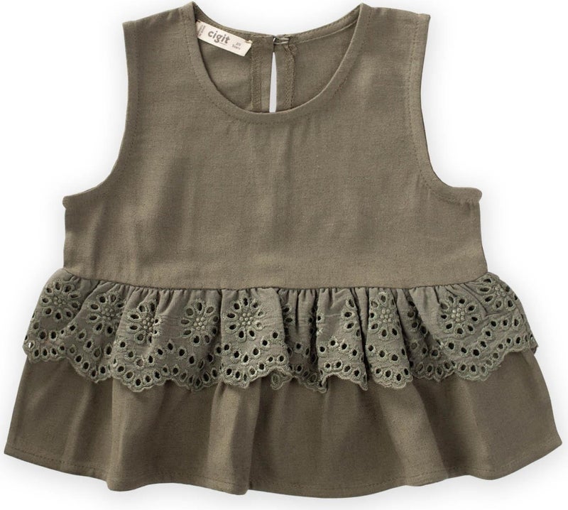 Waist Tambur Lace Linen Blouse 2-7 Years Khaki Green