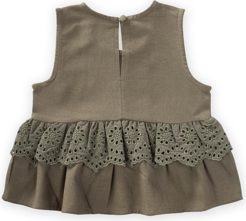 Waist Tambur Lace Linen Blouse 2-7 Years Khaki Green