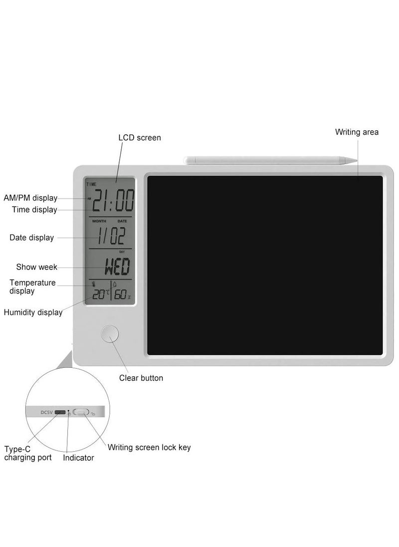 Electronic Desktop Calendar Rechargeable Writing Memo Message Board Notepad with Digital Clock Date Time Week Indoor Temperature Display 9.5inch Drawing Pad for Office Home Business Decor White