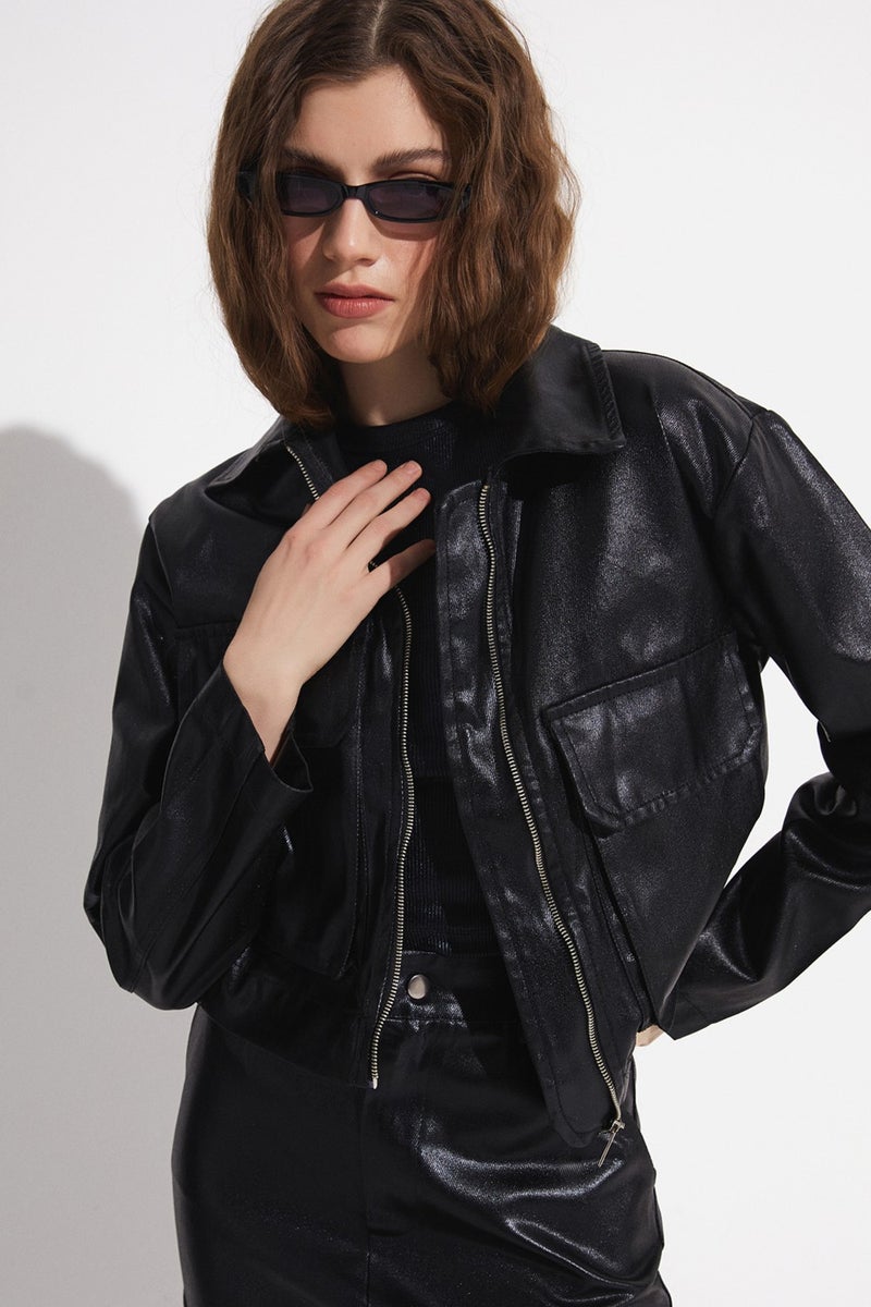 Metallic Fabric Pocket Detailed Jacket