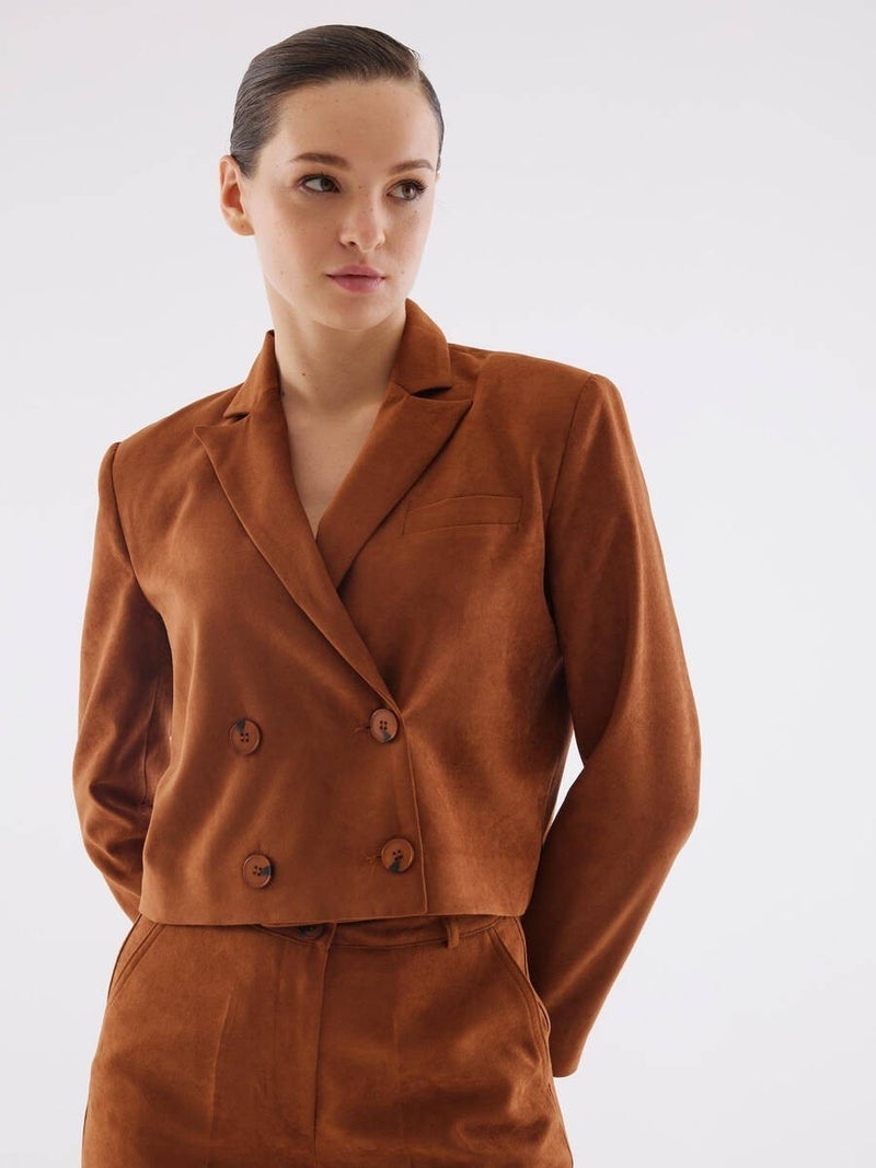 Suede Camel Double Breasted Crop Jacket