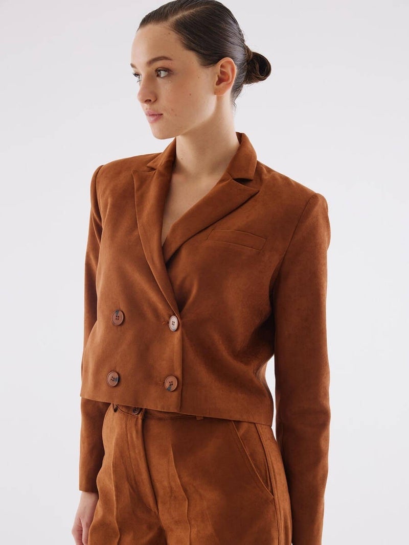 Suede Camel Double Breasted Crop Jacket