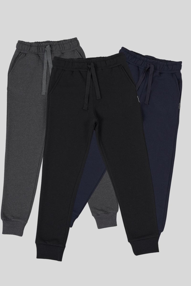 Black-Navy-Anthracite Thick Cotton Elastic Waist and Leg Pocket 3-Pack Boys Tracksuit Bottoms