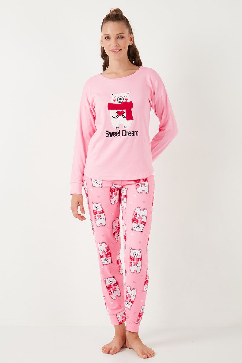 Stretch Standard Fit Crew Neck Patterned Pajama Set Women's Pajama Set 6095700