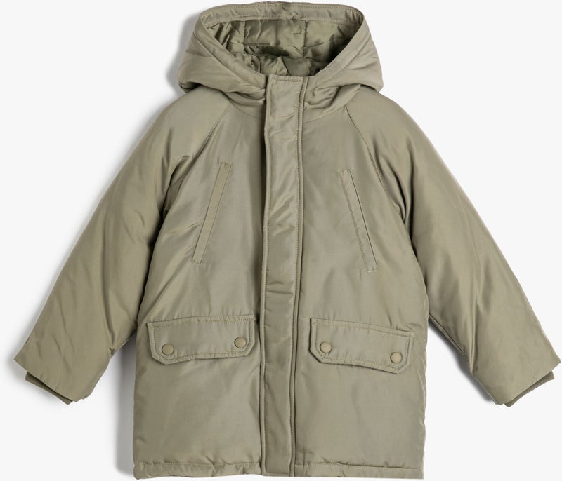 Hooded Puffer Coat with Wind Flap and Pocket Detail