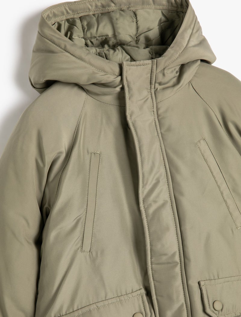 Hooded Puffer Coat with Wind Flap and Pocket Detail