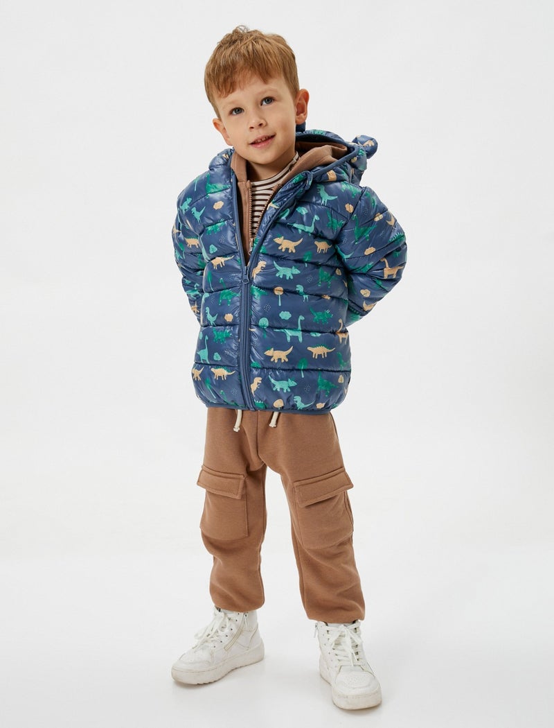 Dinosaur Puffer Jacket Quilted Hooded Zippered