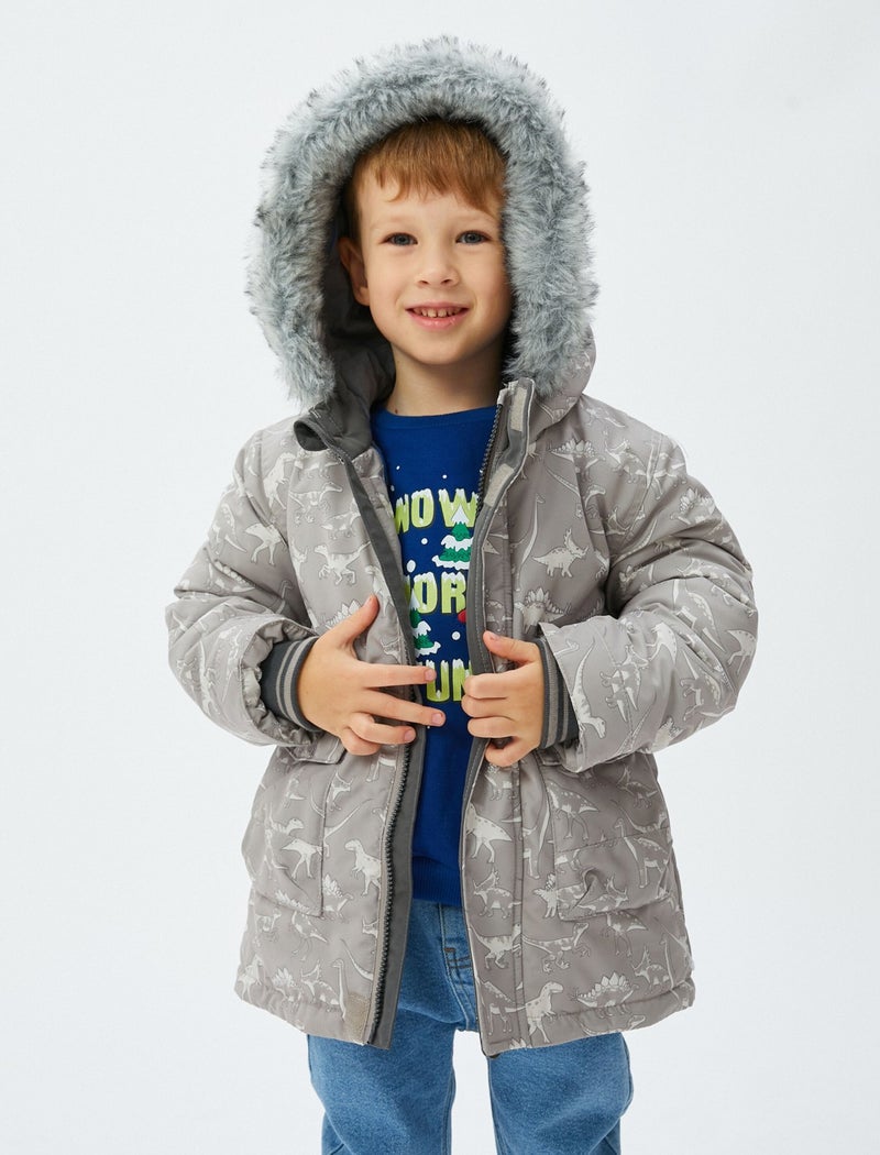 Puffer Jacket with Hooded Faux Fur Detail and Zippered Pocket