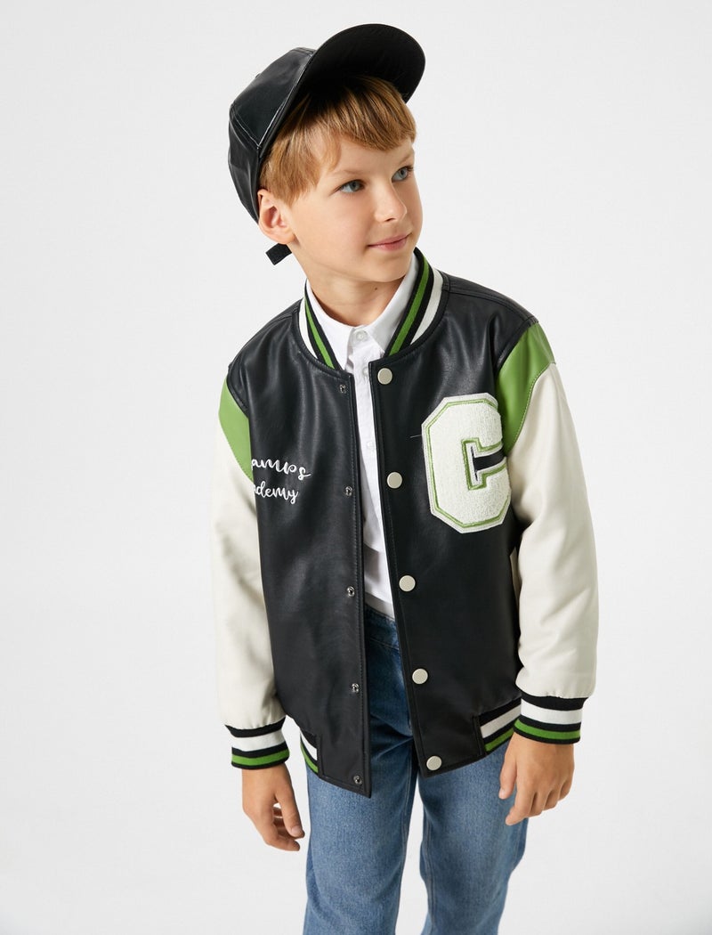 College Jacket Leather Look Applique and Pocket Detail with Snap Buttons