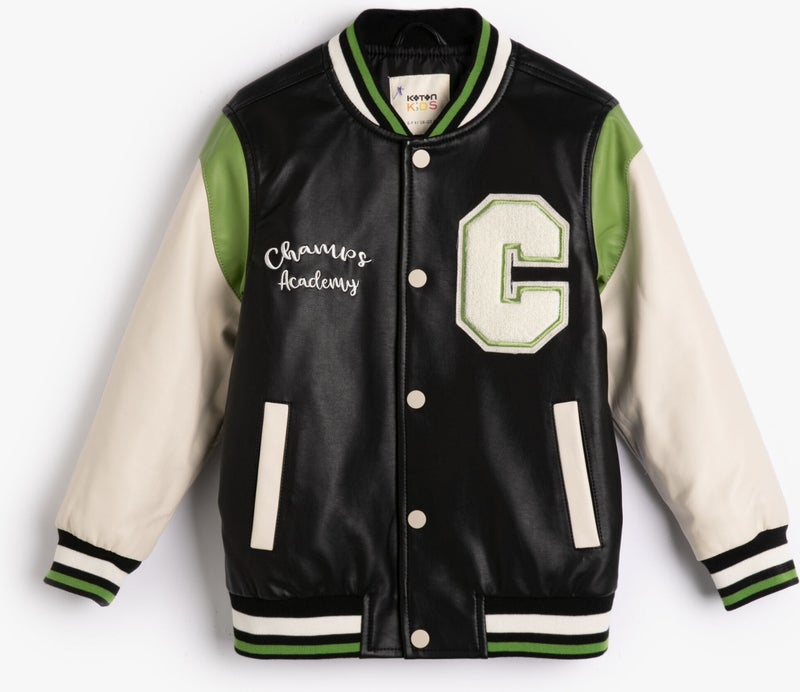 College Jacket Leather Look Applique and Pocket Detail with Snap Buttons