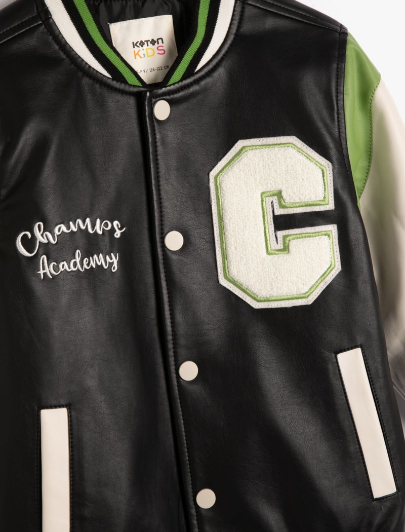 College Jacket Leather Look Applique and Pocket Detail with Snap Buttons