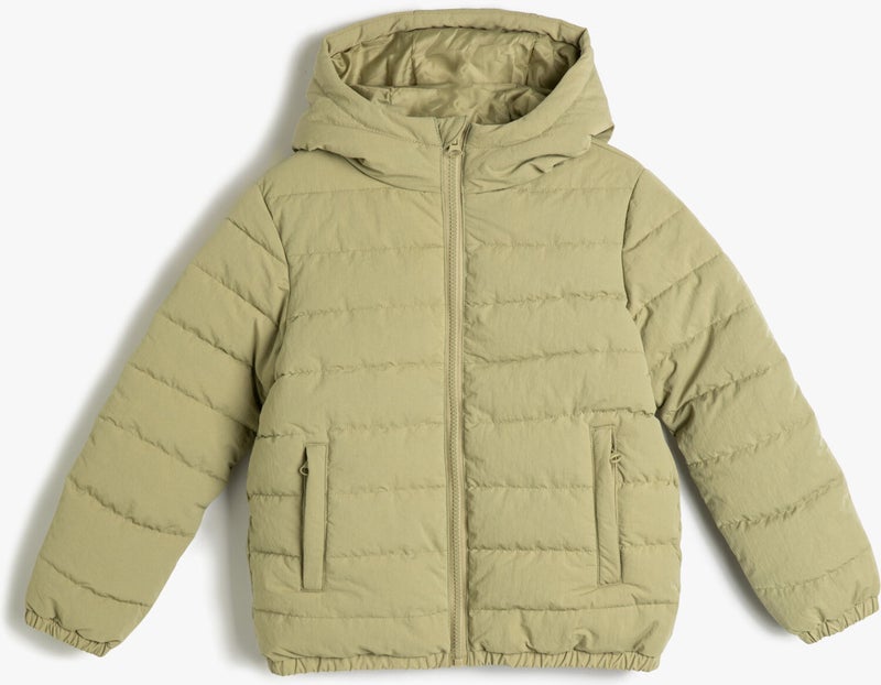 Puffer Jacket, Hooded, Fleece Lined, Pocket, Label Detailed