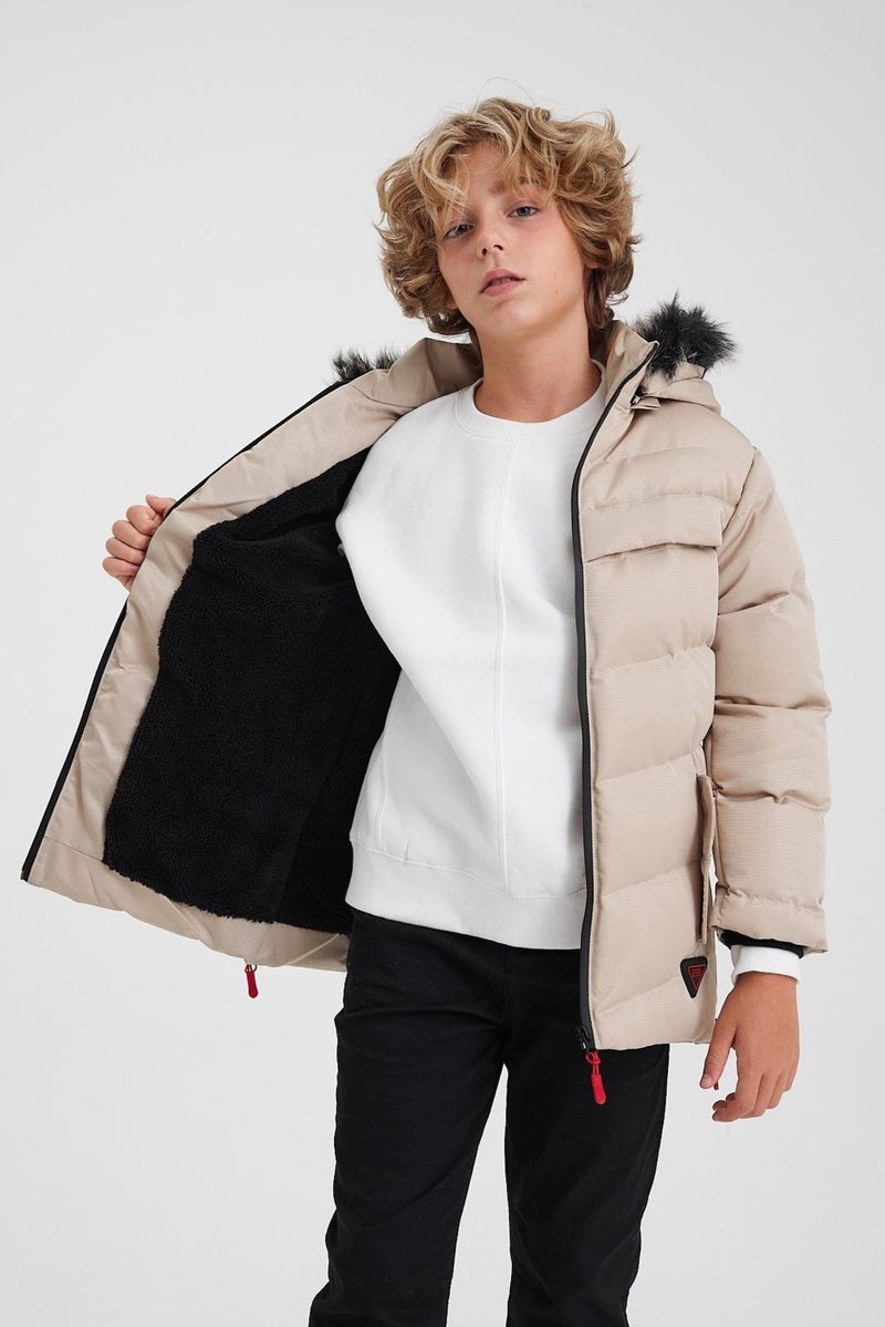 Cream Removable Hooded Furry Thick Puffer Boy's Coat & Jacket