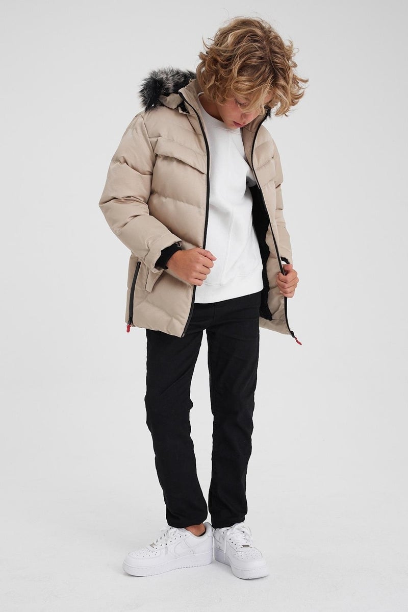 Cream Removable Hooded Furry Thick Puffer Boy's Coat & Jacket