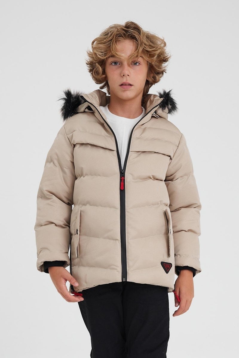 Cream Removable Hooded Furry Thick Puffer Boy's Coat & Jacket