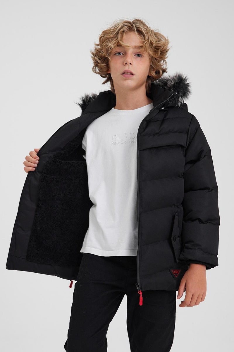 Black Removable Hooded Furry Thick Puffer Boy Coat & Jacket