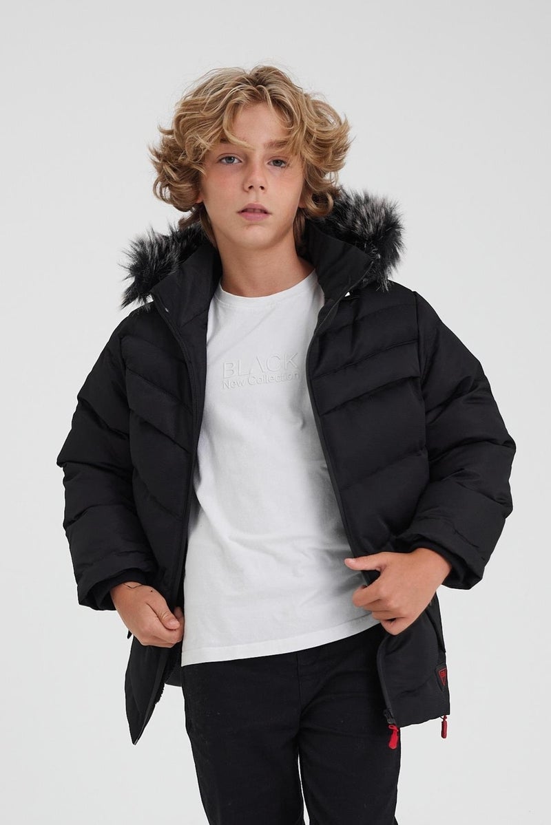 Black Removable Hooded Furry Thick Puffer Boy Coat & Jacket