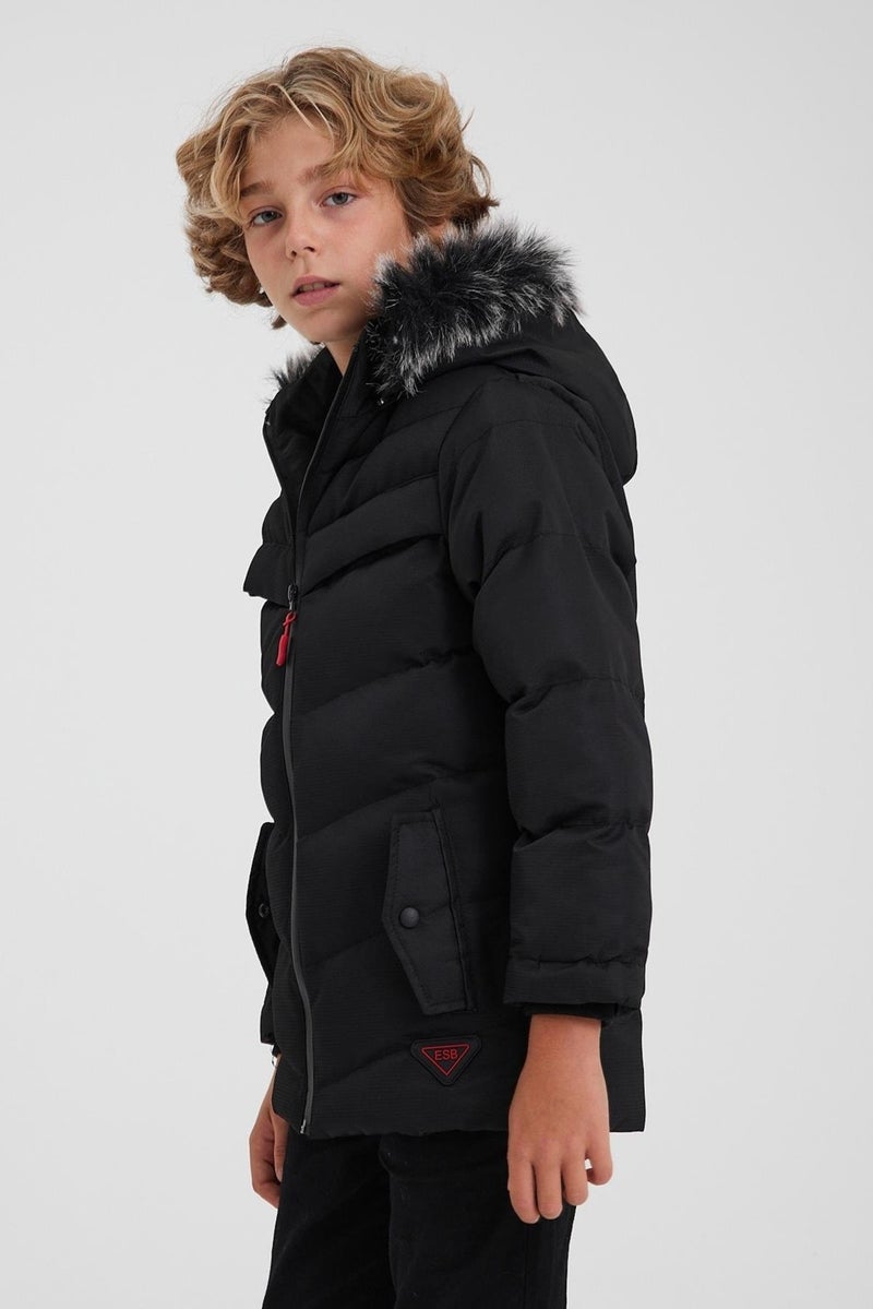 Black Removable Hooded Furry Thick Puffer Boy Coat & Jacket