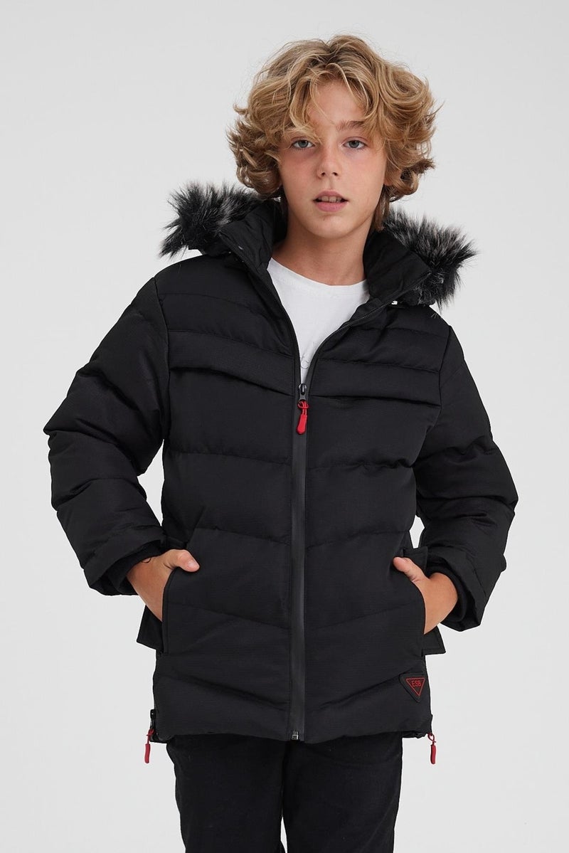 Black Removable Hooded Furry Thick Puffer Boy Coat & Jacket